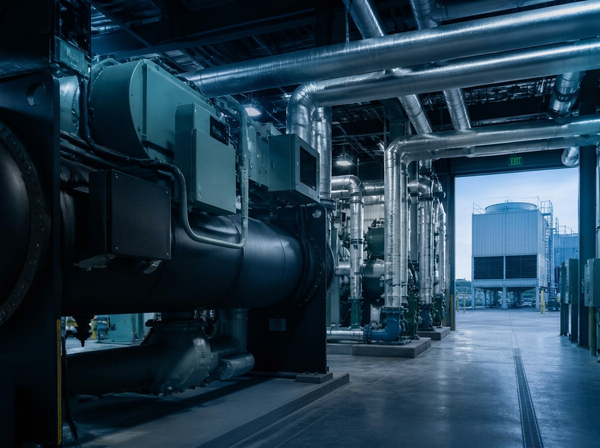 Central chiller plant with hydronic piping, pumps and an outdoor cooling tower