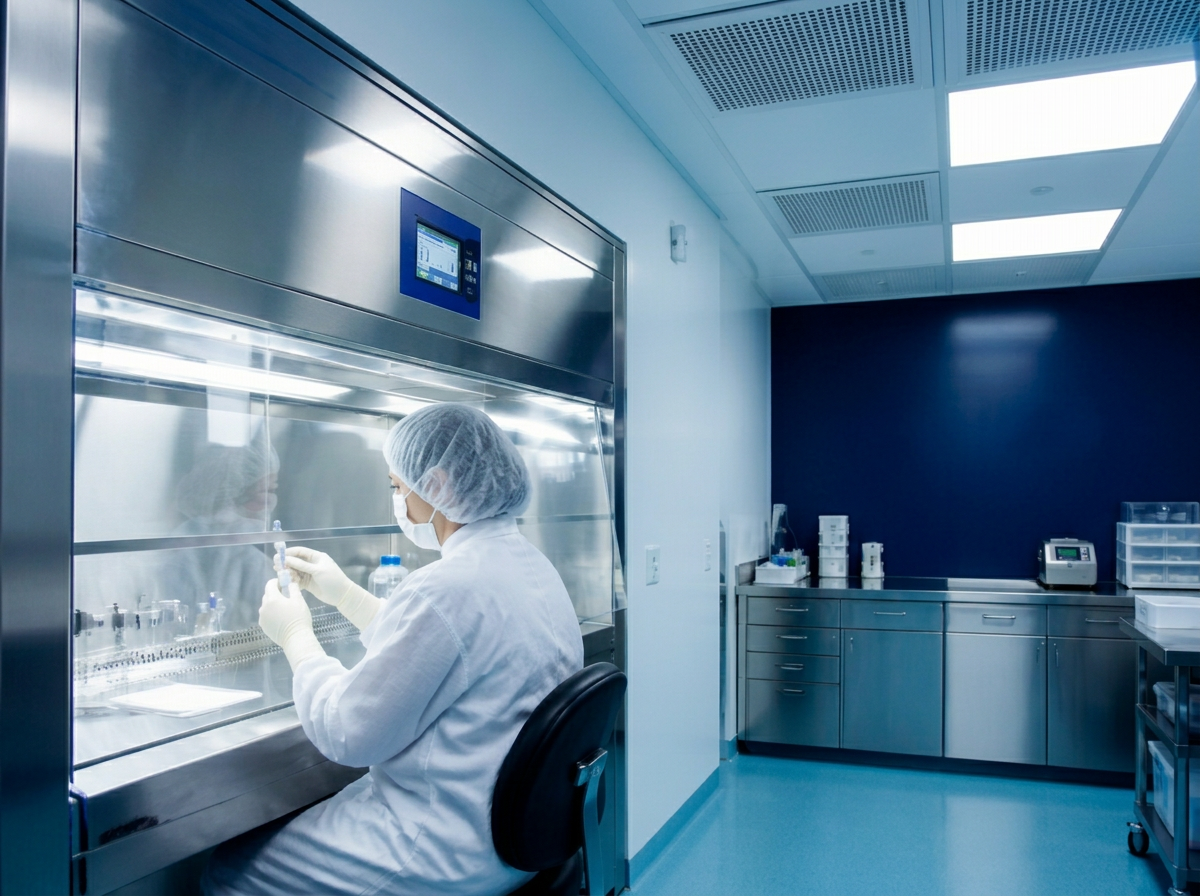 Compounding pharmacy cleanroom with a laminar flow hood and HEPA ceiling filters